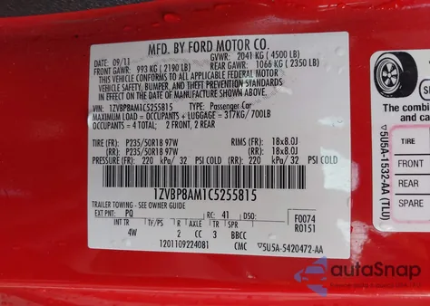 2012 Ford Mustang V6 Premium z USA, uszkodzony, nr VIN 1ZVBP8AM1C5255815